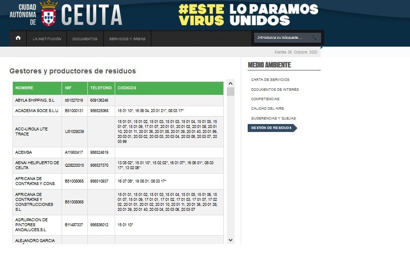 Medio Ambiente incluye en la web de la Ciudad el listado actualizado de gestores y productores de residuos en Ceuta