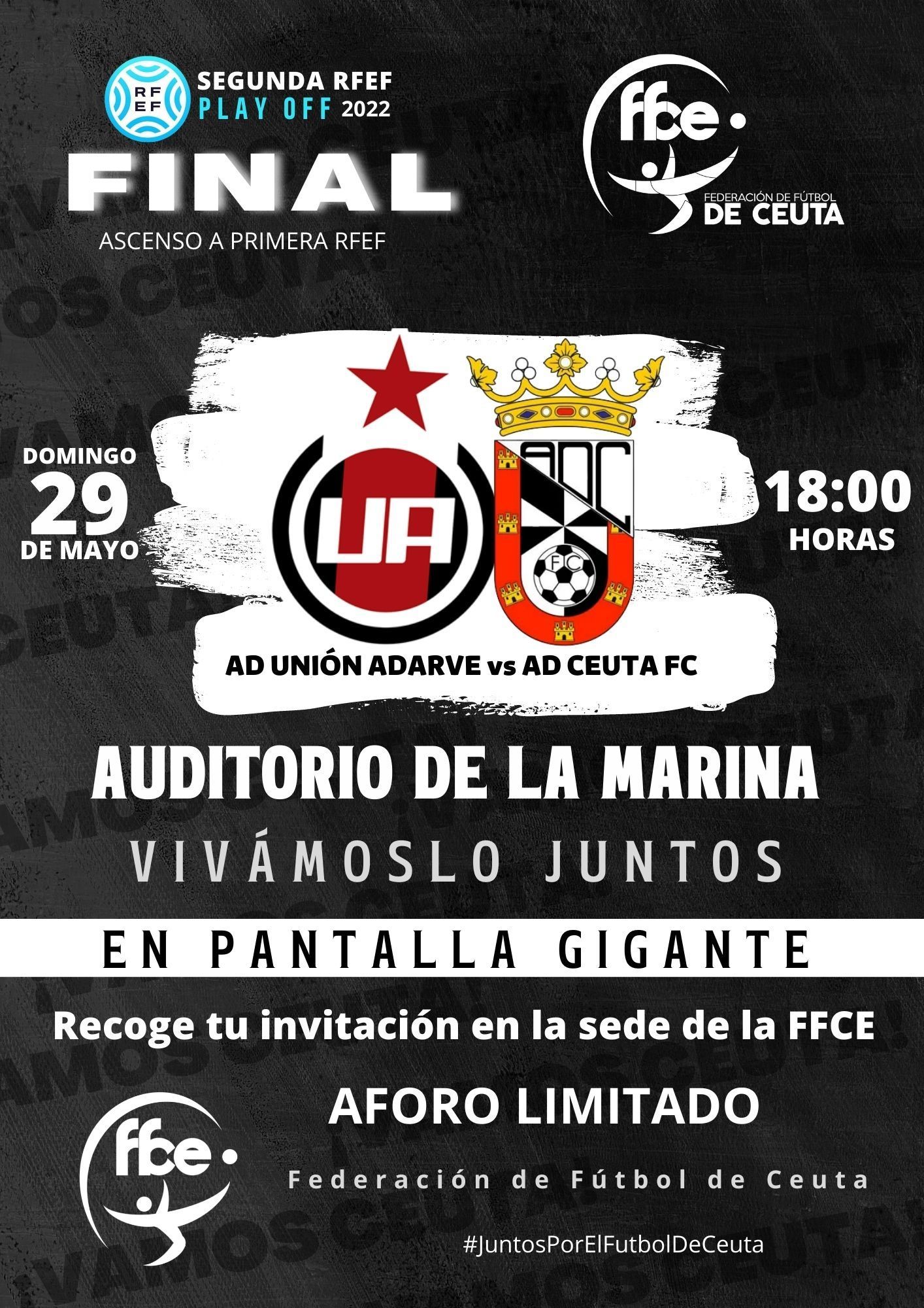 La FFCE instalará este domingo una pantalla gigante en el Auditorio de la Marina para ver el partido de la AD Ceuta FC
