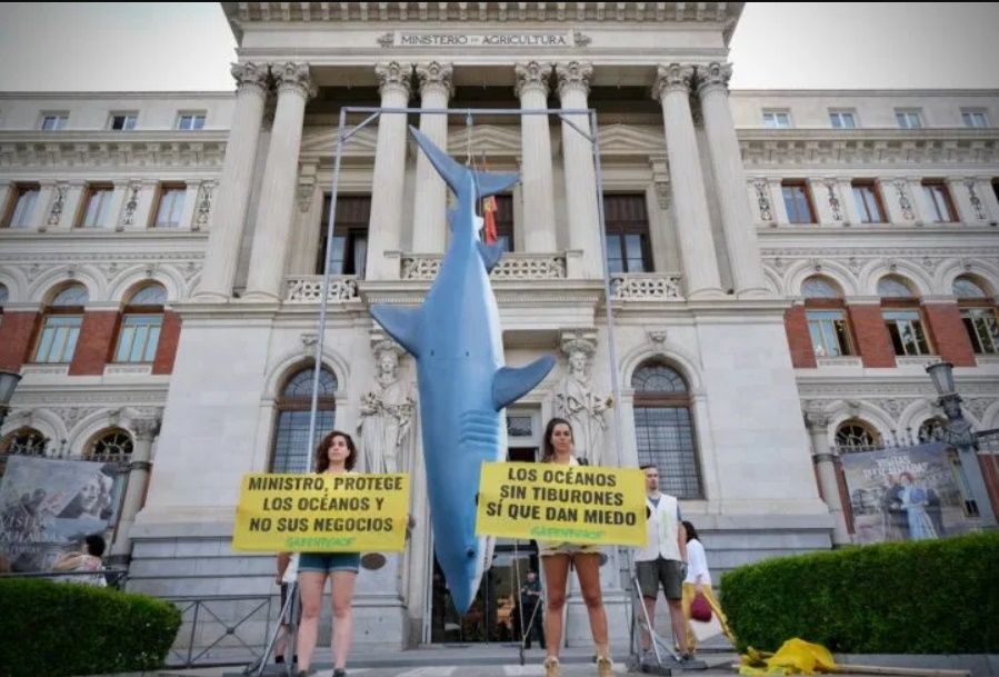 Greenpeace cuelga un tiburón de 5 metros ante el Ministerio de Pesca
