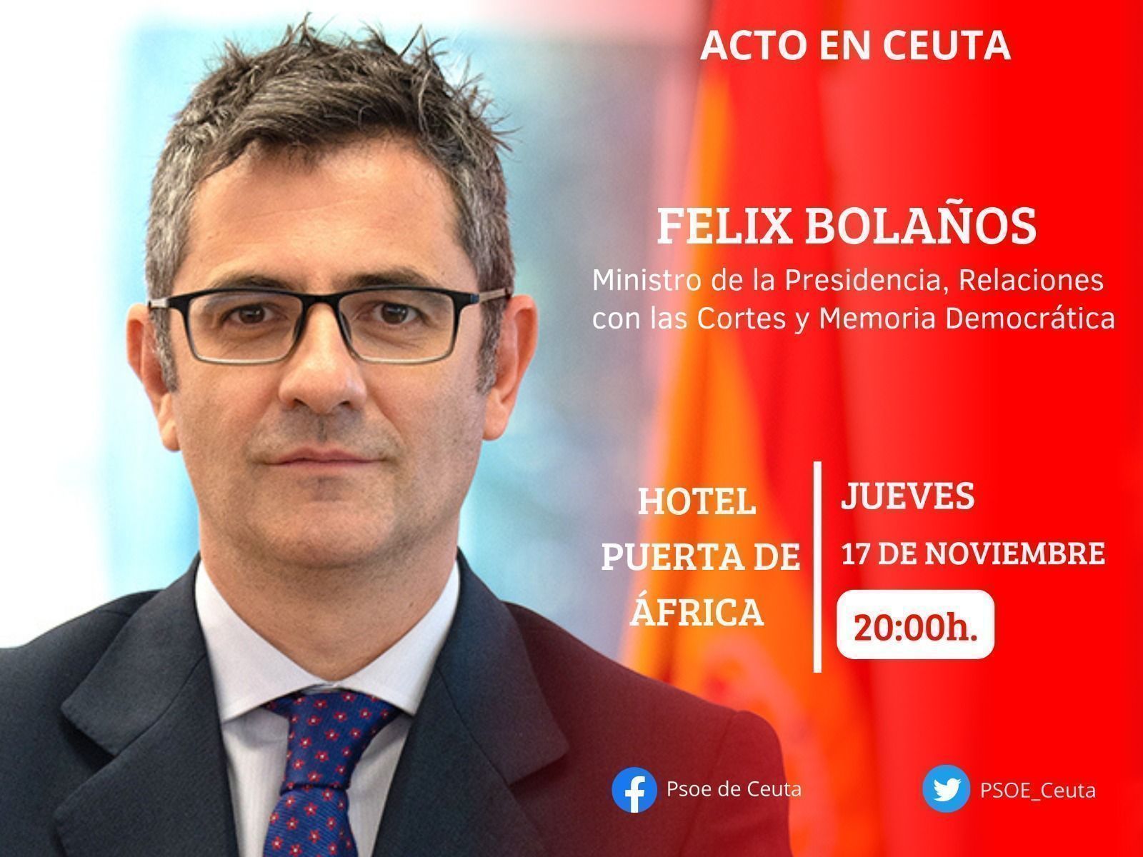 El ministro Félix Bolaños participa este jueves en un acto público del PSOE de Ceuta