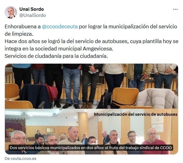 Unai Sordo felicita a CCOO de Ceuta por su trabajo para lograr dos municipalizaciones en dos años
