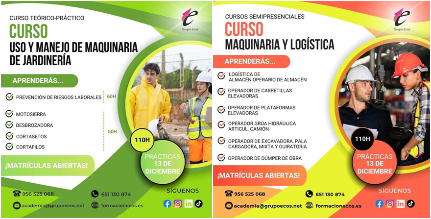 Grupo Ecos abre dos nuevos Cursos Semipresenciales de uso de Maquinaria de Almacén y de Maquinaria de Jardinería