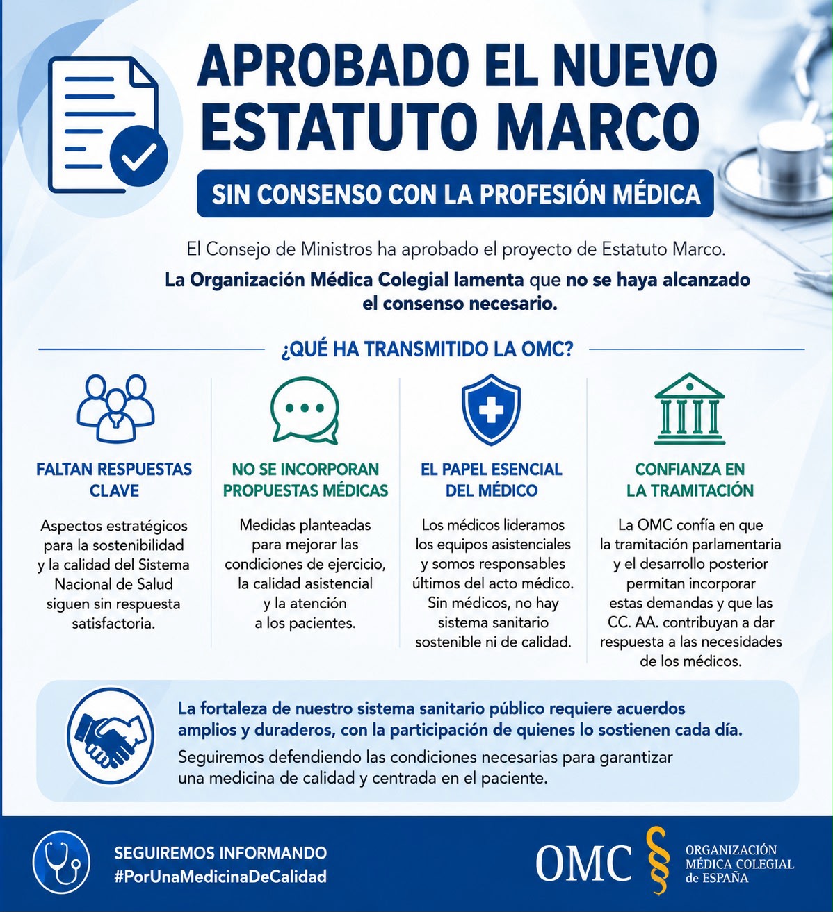 Los médicos lamentan la aprobación del Estatuto Marco sin consenso con la profesión