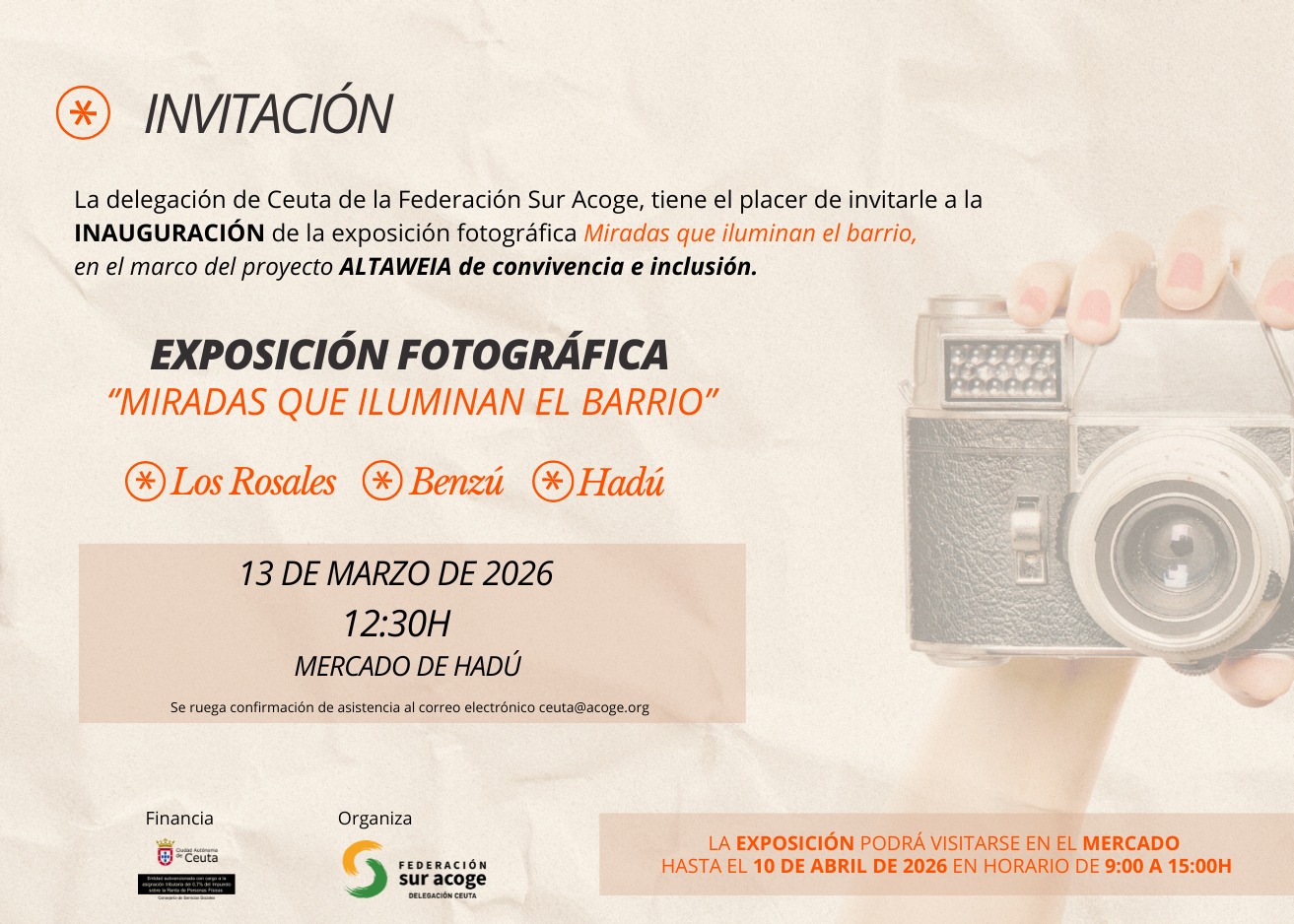 Mañana se inaugura la exposición fotográfica “Miradas que iluminan el barrio” en el mercado de Hadú